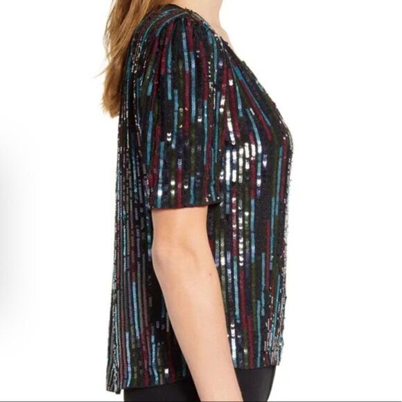 VELVET BY GRAHAM AND SPENCER Multicolor Sequin Short Sleeve Top Medium - Picture 4 of 11